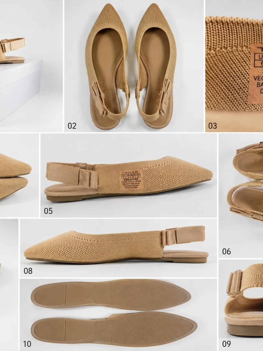Tahari Singapore Tan Beige Knit Bow Slingback Flats Size 6 NIB/ 7 NWOB